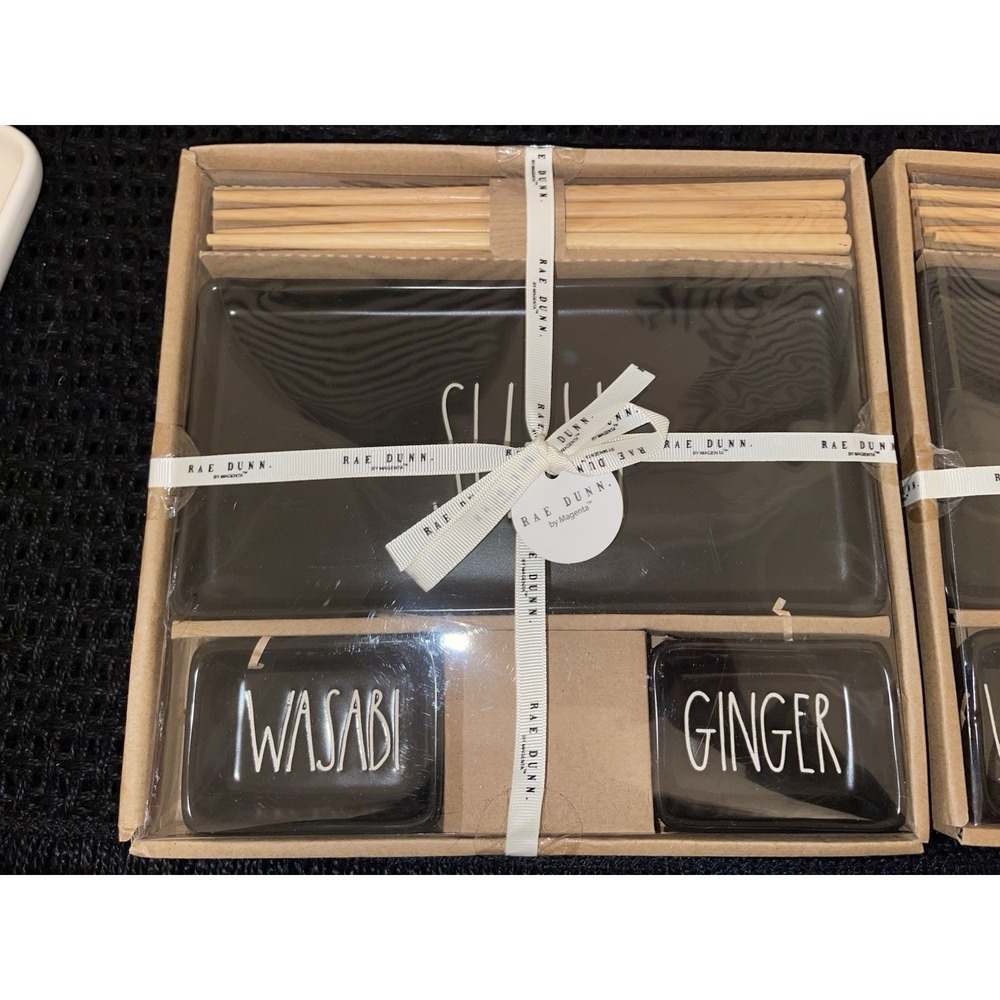 RAE DUNN Black "Sushi" Plate‎ & "Wasabi/Ginger" Bowls & Chop Sticks & Edamame